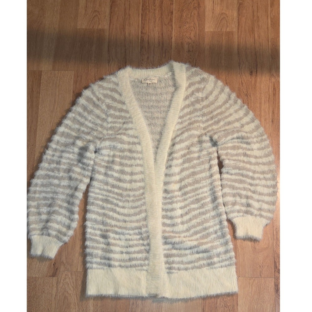 Jessica Simpson Cream Tan Striped Fuzzy Eyelash Knit Open Front Cardigan Medium